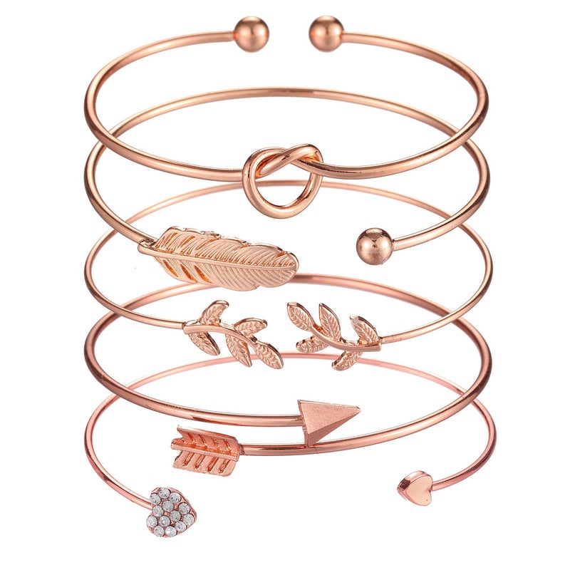 Softones 5pcs Bangle Rose Gold Bracelets for Women Heart|Olive Leaf|Arrow|Feather|Knot Heart Open Cuff Bracelet Set Adjustable - Image 1